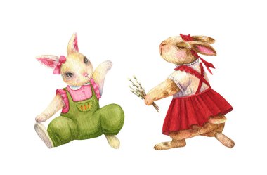 Tavşan çizimi. Kıyafetli kızlar. Suluboya şirin hayvan