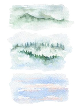 Sis içindeki çam ormanı, sisli dağ manzarası, mavi gökyüzü.