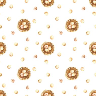 Paskalya suluboya kusursuz desen. Yuvada bej noktalı yumurtalar, bahar çiçeği arka planı