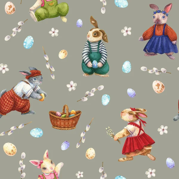 Watercolor bunny seamless pattern. Spring animal background. Rabbits in clothes