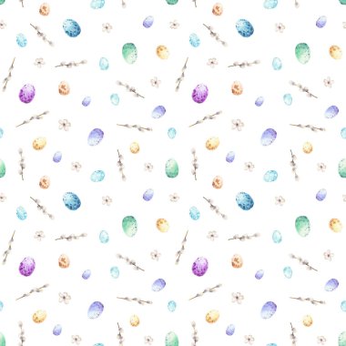 Colorful eggs, pussy willow seamless pattern Watercolor Easter background