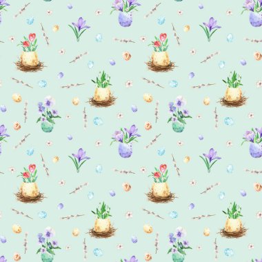Yumurta ve bahar çiçeği. Suluboya Paskalya kusursuz desen