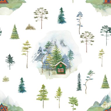 Suluboya ağaçları pürüzsüz desen. Dağ evi çizimi