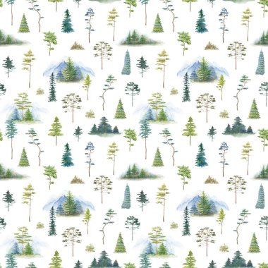 Suluboya ağaçları pürüzsüz desen. Yeşil orman el çizimi arka plan