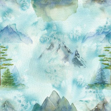 Dağda pürüzsüz desen. Suluboya sis tepeleri. Sis önyüzü