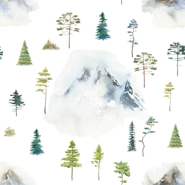 Árvores Aquarela Sem Costura Padrão Montanha Picos Ilustração — Fotografia de Stock