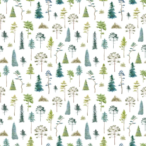 Watercolor Trees Seamless Pattern Green Forest Hand Drawn Background — Stock Photo, Image