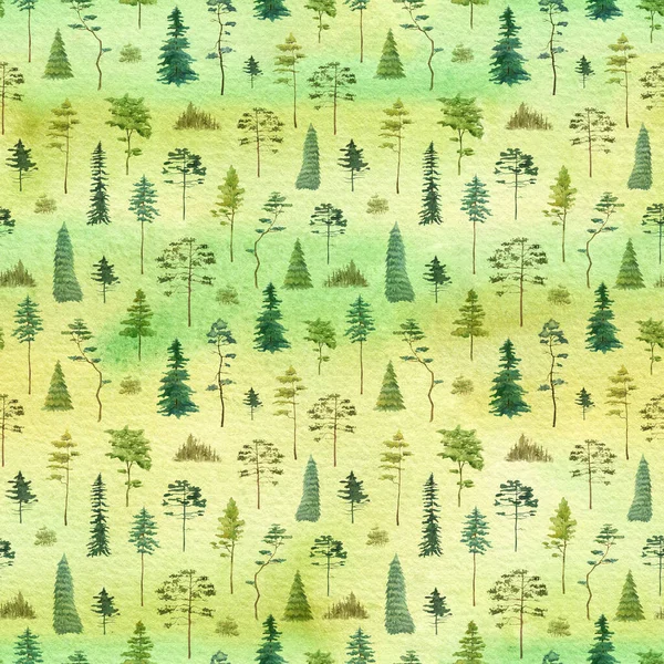 Watercolor Trees Seamless Pattern Green Forest Hand Drawn Background — Stock Photo, Image