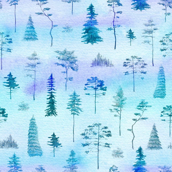 水彩木のシームレスなパターン 背景を描いた青い森の手 — ストック写真