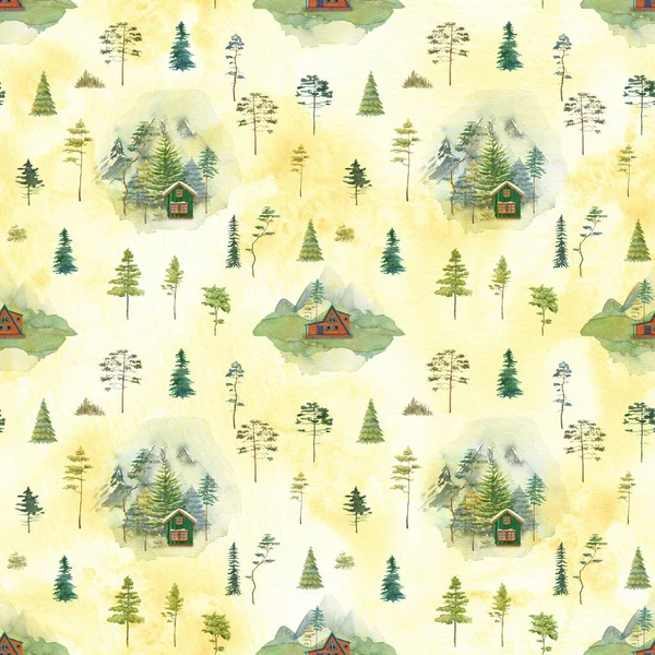 水彩木のシームレスなパターン マウンテンハウスのイラスト — ストック写真