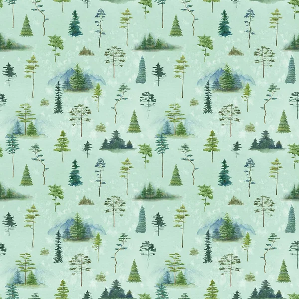水彩木のシームレスなパターン 背景を描いた緑の森の手 — ストック写真