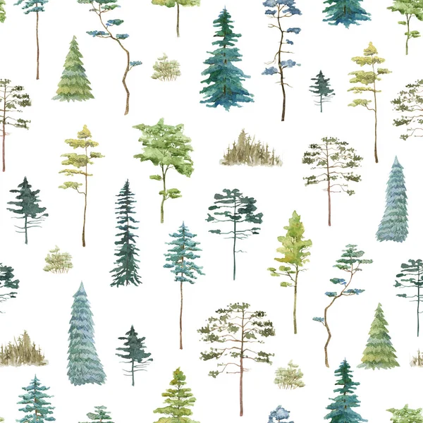 Drzewa Akwarelowe Bezszwowy Wzór Zielony Las Ręcznie Rysowane Tło — Zdjęcie stockowe