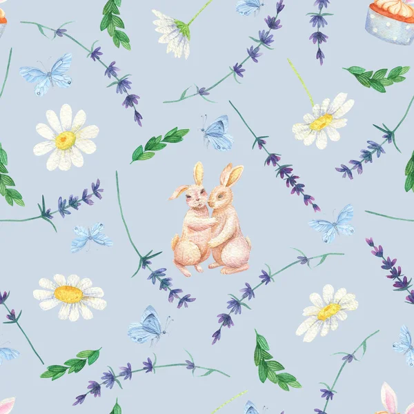 Häschen Gänseblümchen Nahtlose Muster Aquarell Schmetterling Lavendel Hintergrund — Stockfoto