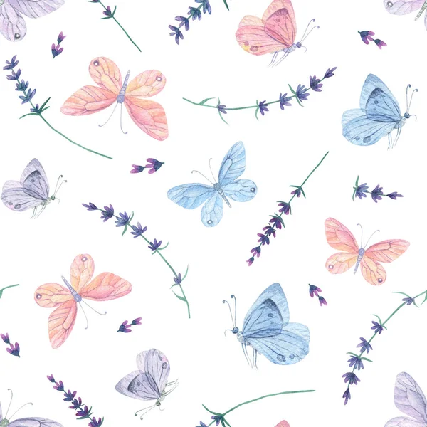 Ροζ Μπλε Πεταλούδα Χωρίς Ραφή Μοτίβο Υδατογραφία Λεβάντα Φόντο — Φωτογραφία Αρχείου