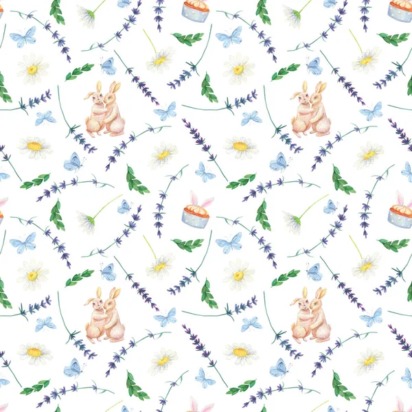 Bunny Daisy Sömlöst Mönster Akvarell Fjäril Lavendel Bakgrund — Stockfoto
