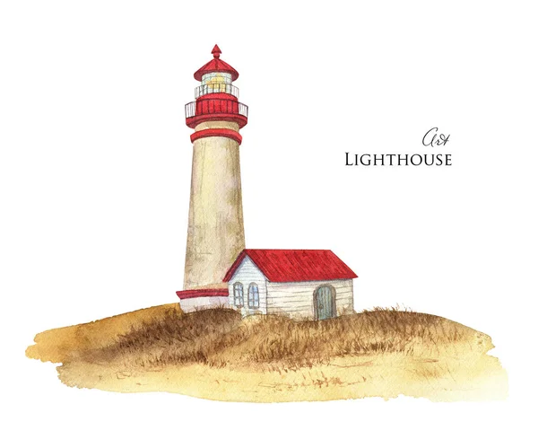 Esboço Farol Aquarela Farol Telhado Vermelho — Fotografia de Stock