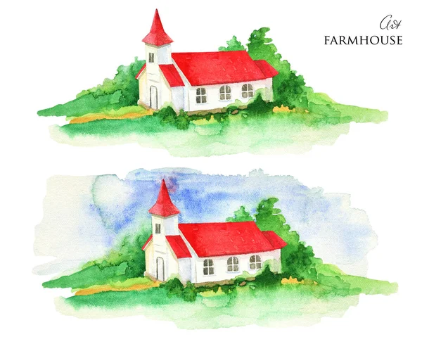 水彩画乡间别墅 有红色屋顶插图的房子 手绘农舍 — 图库照片