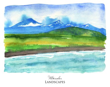 Suluboya mavi dağ. Yeşil tepeler manzarası. Ada dağları