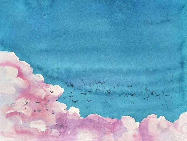 Acuarela Cielo Fondo Nube Rosa Cielo Azul Ilustración Dramática Del — Foto de Stock