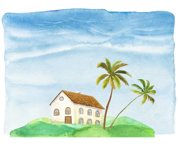 水彩画海滨别墅白宫在棕榈树下热带风景画 — 图库照片