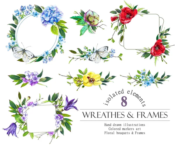 Floral Frameand Wreat Set Poppy Orchid Hydrangea Flowers Leaves Wreath — Stock Photo, Image