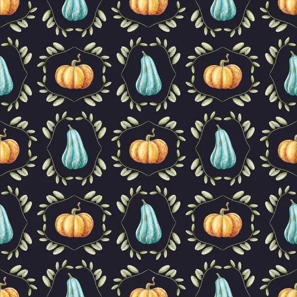 Autumn seamless pattern. Blue and orange Pumpkin. Fall seamless background