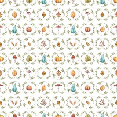 Sonbahar pürüzsüz desen. Kırmızı mantarlar. Kabaklar, Orange Oak Iinden yaprakları arka plan