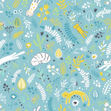 Çiçek öğeleri ve karikatür kedi ile Seamless Modeli.