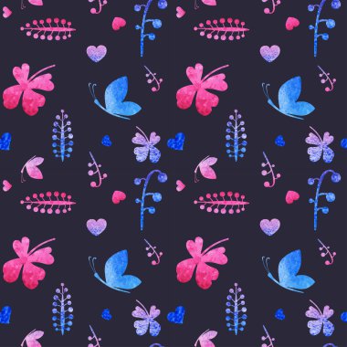 Seamless modeli pembe Kalpler ve çiçek öğeleri