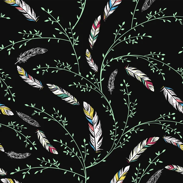 Бесшовный рисунок с перьями и листьями  . — стоковый вектор