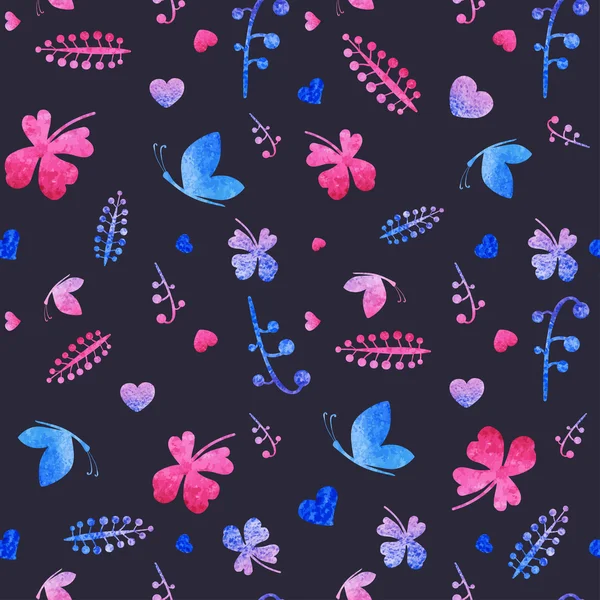 Seamless pattern of pink hearts and floral elements — Stock Vector