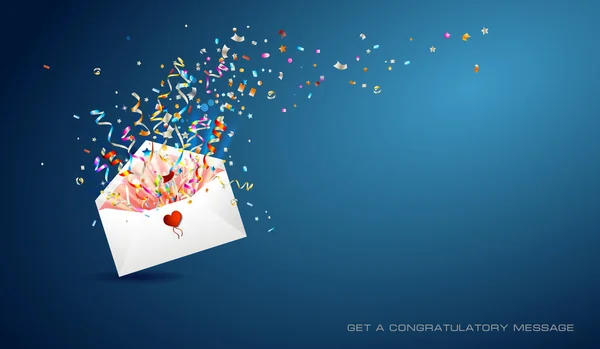 Brief van verrassing op rode achtergrond. Open envelop met confetti en linten. — Stockvector