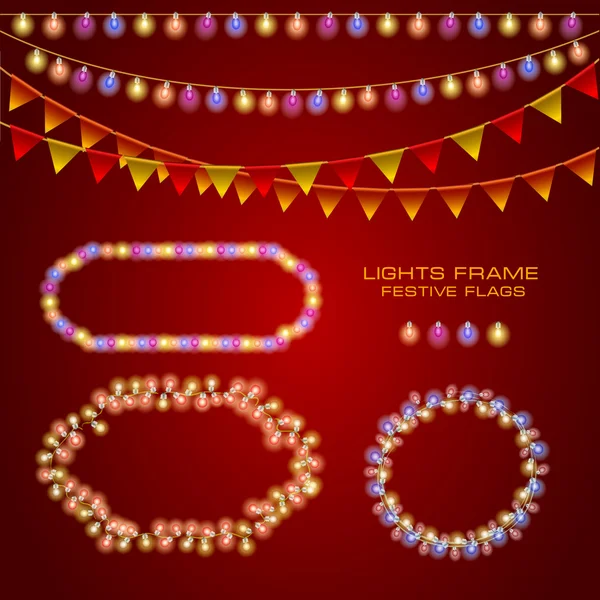 Set con cornici di ghirlande festive, luci e bandiere luminose. Festivo — Vettoriale Stock