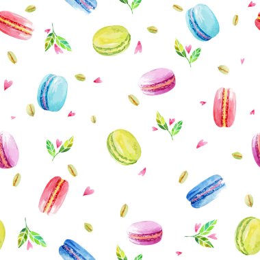 Seamless pattern. Macaroons cookies, pistachio, mint leaves and pink hearts. clipart