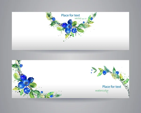 Banners con hojas de acuarela y arándanos . — Vector de stock