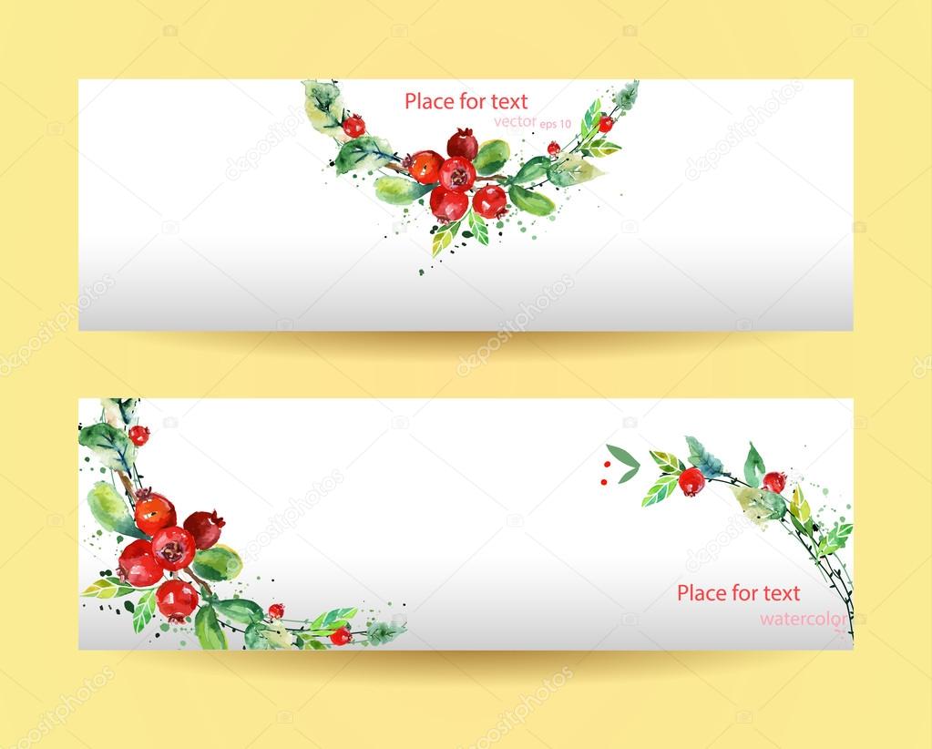 Banners with watercolor leaves and red cranberry.