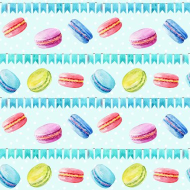 Seamless modeli. Suluboya macaroons ve şenlikli bayrakları.