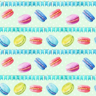 Seamless modeli. Suluboya macaroons ve şenlikli bayrakları.