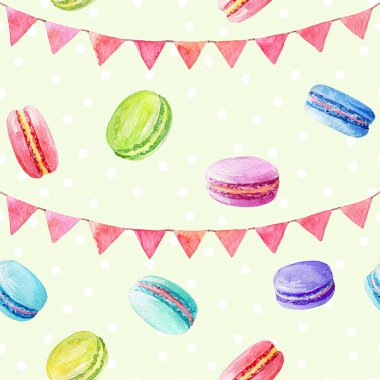 Seamless modeli. Suluboya macaroons ve şenlikli bayrakları.