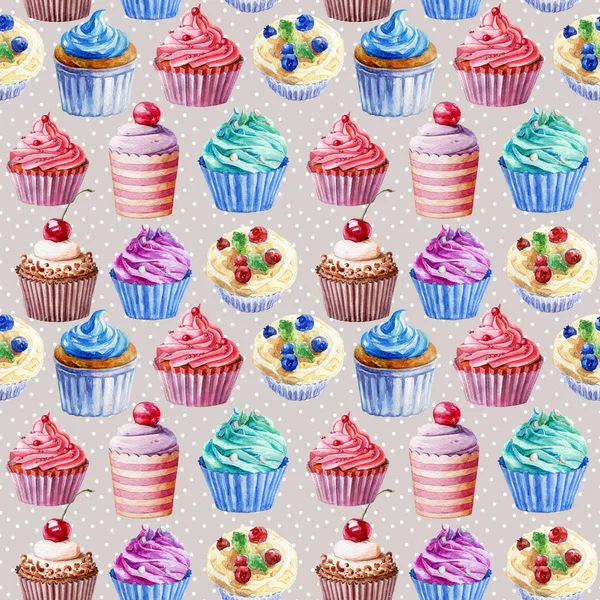 Padrão sem costura. Cupcakes aquarela, muffins . — Fotografia de Stock