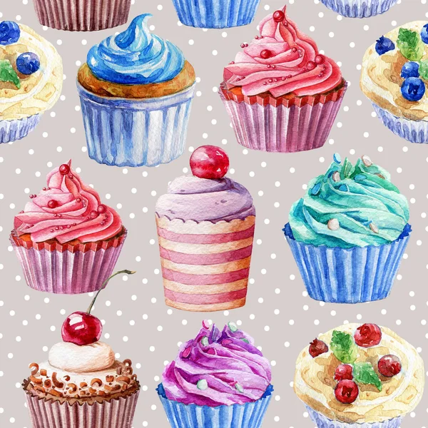 Seamless mönster. Akvarell cupcakes, muffins. — Stockfoto