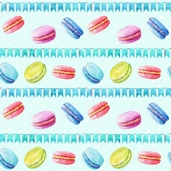 Modèle sans couture. Macarons aquarelle et drapeaux de fête . — Photo