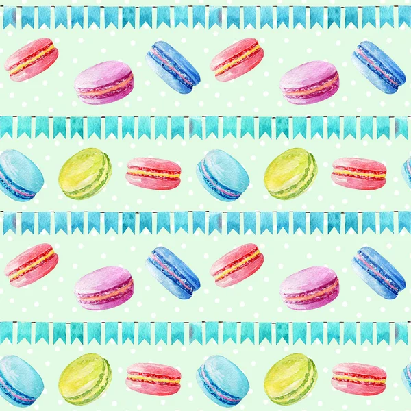 Schema senza soluzione di continuità. Macaron ad acquerello e bandiere festive . — Foto Stock