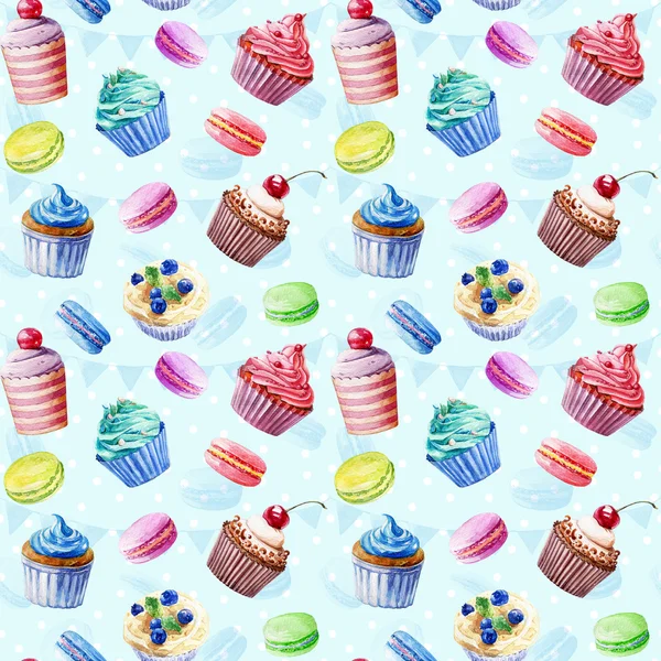 Nahtloses Muster. Aquarell-Cupcakes, Muffins, Makronen. — Stockfoto