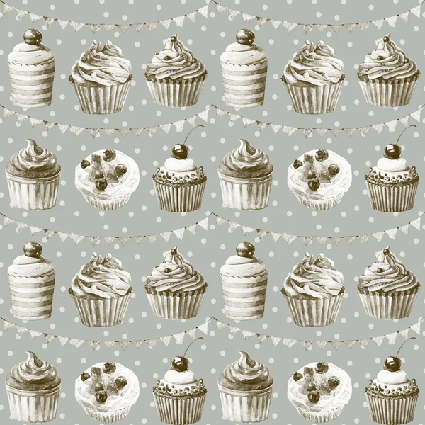 Seamless pattern. Watercolor cupcakes, muffins and festive flags. — Stock Photo, Image