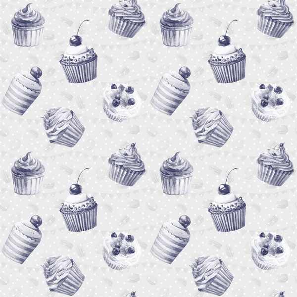 Seamless pattern. Watercolor cupcakes, muffins, macaroons. — Stock Photo, Image