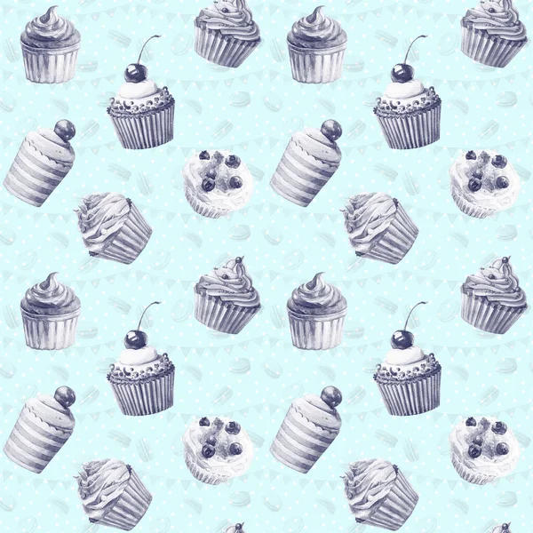 Seamless pattern. Watercolor cupcakes, muffins, macaroons. — Stock Photo, Image