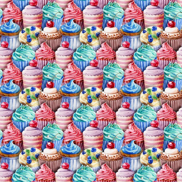 Schema senza soluzione di continuità. Cupcake all'acquerello, muffin . — Foto Stock