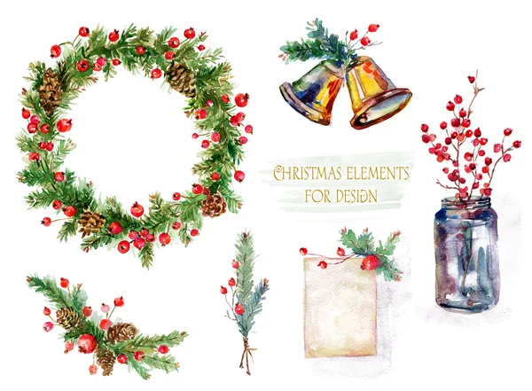 Conjunto de decorações de Natal. Ilustração aquarela . — Fotografia de Stock