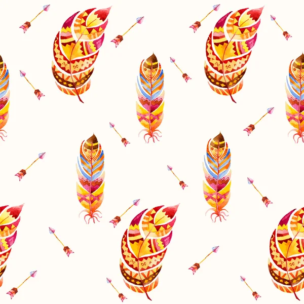 Watercolor seamless ethnic Indian pattern. Pattern with feathers and other tribal elements. — Stock Photo, Image
